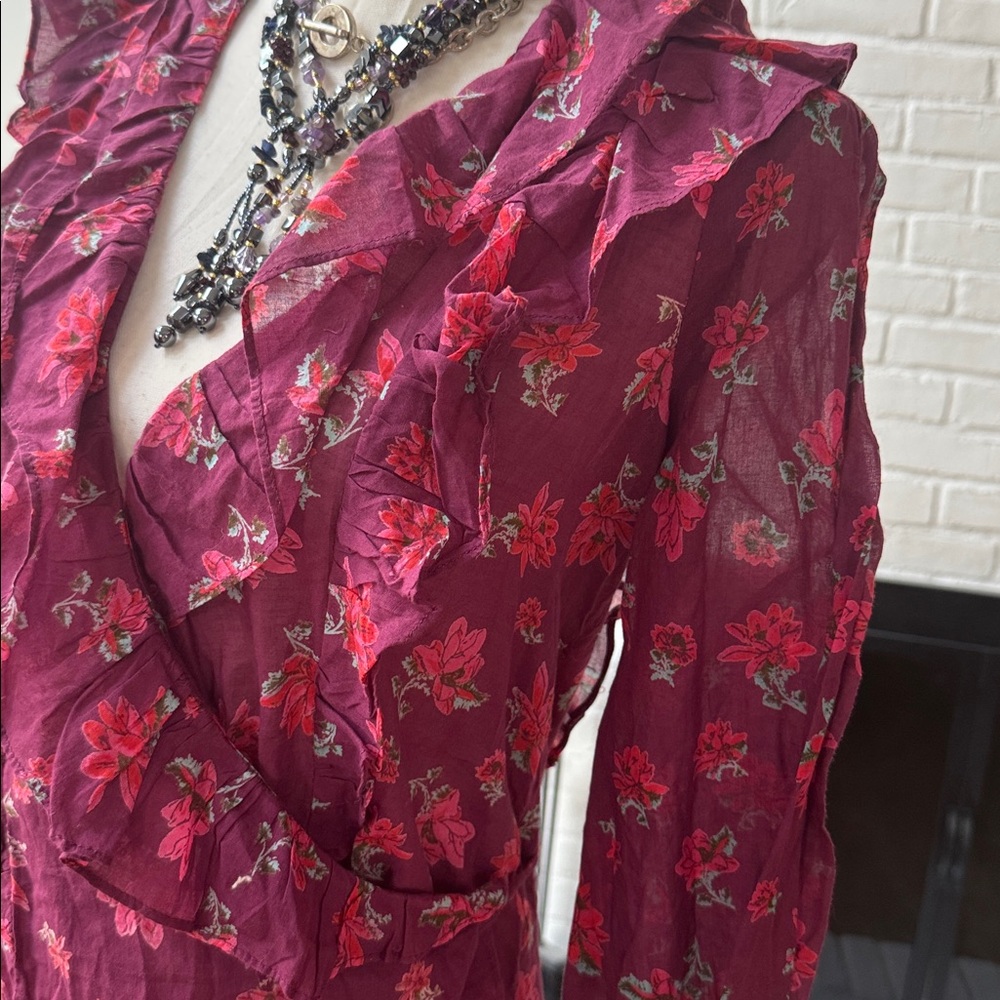 FREE PEOPLE Ruffled Floral Wrap Blouse - Burgundy M | Romantic Top M